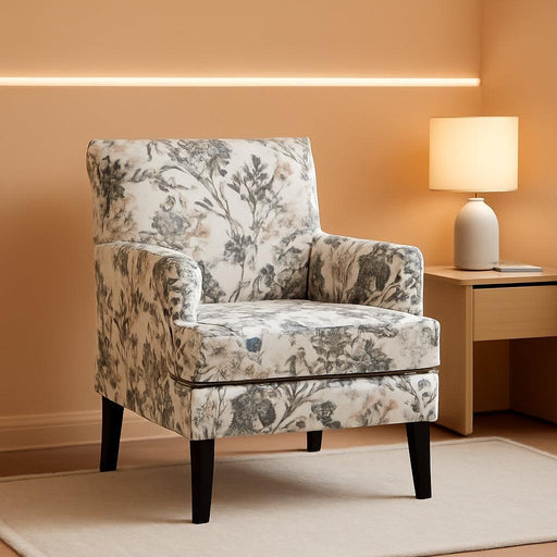 Modern Accent Chair with Arms and Wooden Legs, Floral Patterned Accent Chair Armchair High Back Rest, Padded Armrest and Comfortable Cushioned Seat for Living Room (Orange Grey Floral)