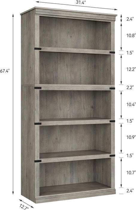 5 Tier Farmhouse Bookcase, 67.4" Tall Book Shelf with Storage