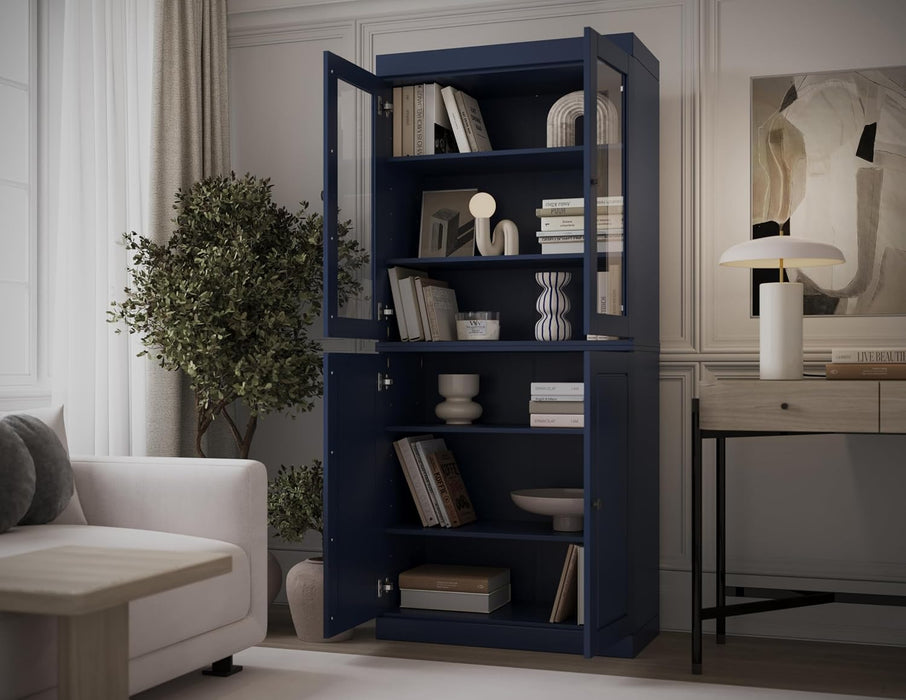 Solid Wood Bookcase - 6-Tier Bookshelf, 71.5” H X 32” W - Navy Blue, Clear Glass Doors & Storage Cabinet, Tall Bookcase for Living Room, 100% Renewable Eco-Friendly Wood, Made in Brazil