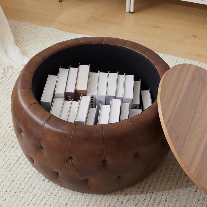 25 Inches Large round Storage Ottoman, Modern Upholstered Ottoman Coffee Table, Wooden Top, Soft Faxu Leather Surface, for Living Room, Bedroom, Classic Tufting, Brown