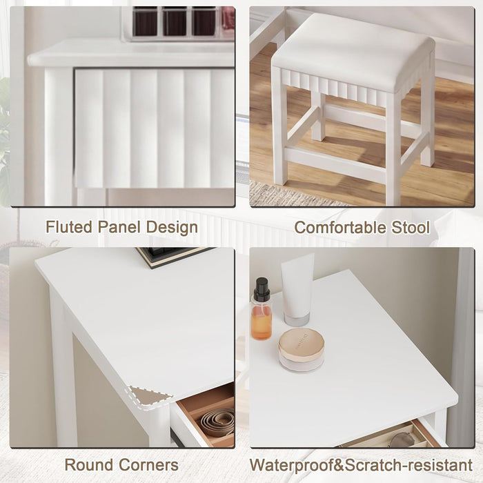 40 Inch Modern Desk with Drawers, Makeup Vanity Desk with Padded Stool, Small Home Office Desk for Bedroom, White