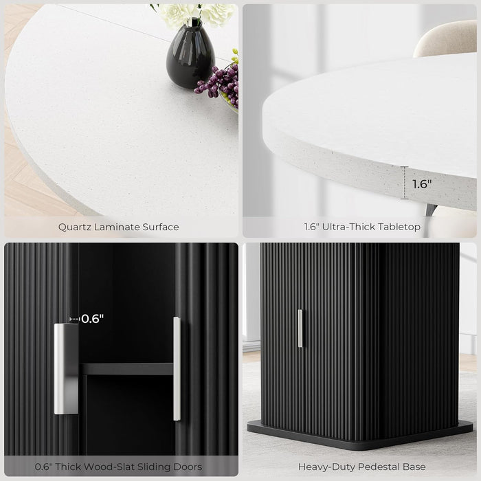 round Dining Table for 4, 47 Inch Modern Farmhouse Kitchen Table with Storage Shelf and Wood Slide Doors, Circle Dinner Table with Quartz Top and Wood Grain Base for Dining Room Kitchen (Black)