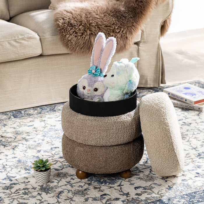 round Ottoman with Storage, Small Foot Stool, Modern Accent Stool Upholstered Vanity Stool with Rubberwood Ball Feet for Bedroom Living Room Dorm Room, Gradient Brown