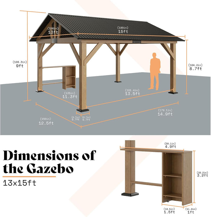 13X15 Ft Wood Gazebo, Outdoor Gazebo with Bar Storage Space for Garden, Hardtop Gazebo with Metal Steel Gable Roof, Garage, Patio, Black + Natural Wood