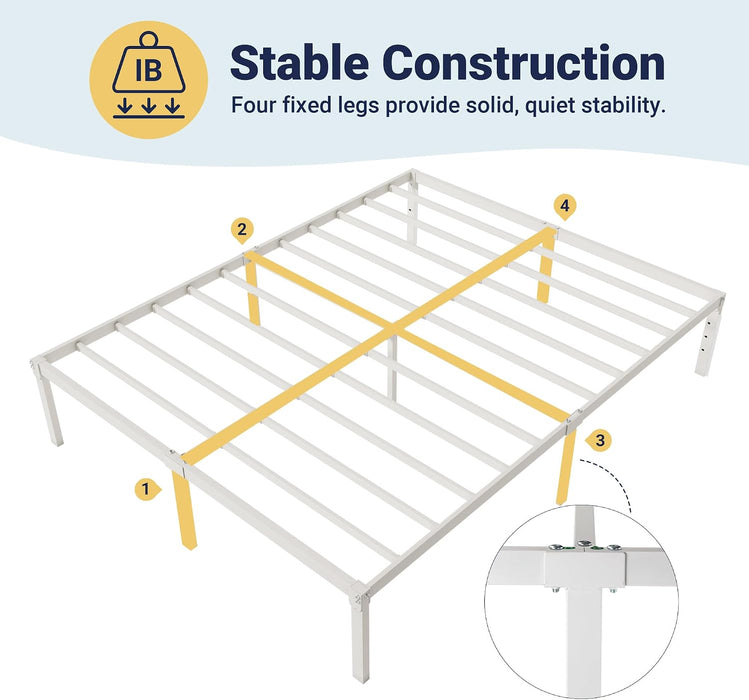 Full Size Bed Frame, 14 Inch Metal Beds with Storage Space, White