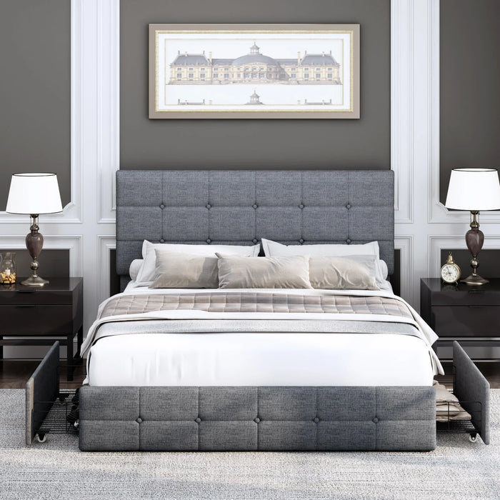 Queen Size 4 Storage Drawers Bed Frame, Square Tufted Upholstered Platform Bed with Adjustable Headboard, Light Grey