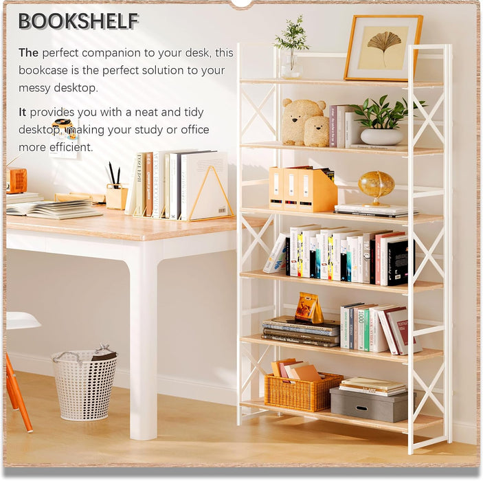 Extra Wide 6 Tiers No Assembly Book Shelves, 61.8" H Folding Bookshelf Bookcase Open Industrial Foldable Shelves for Bedroom, Living Room, Home Office - Natural White