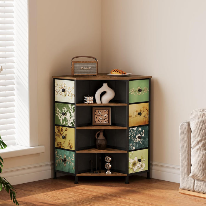 8 Drawers Corner Dresser with Storage Fabric Drawers and Open Shelves for Small Space，Bedroom，Entryway，Living Room (Retro Pattern)