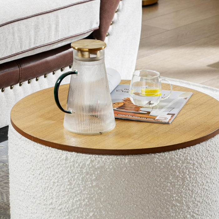 21 Inch Modern round Ottoman with Storage, Large Dorm Boucle Ottoman Coffee Table, Multi-Functional Wood Foot Rest Stool, Extra Seating Chair for Dorm, Living Room Couch, Bedroom, Off-White