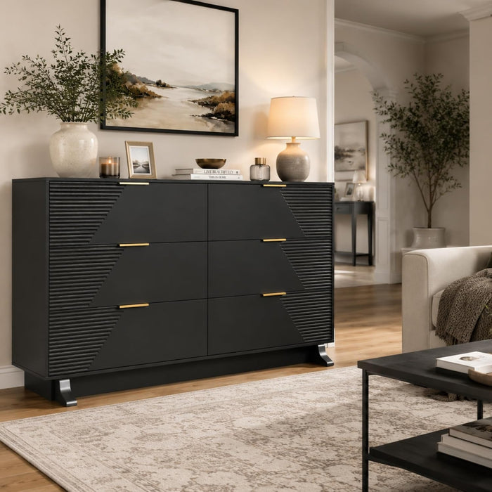 47 Inches Matte Black Intricately Fluted Chest Of Drawers