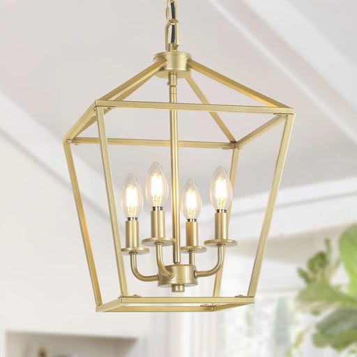 4 Light Chandelier, Industrial Ceiling Light Gold Lantern Light Fixtures with Farmhouse Metal Cage Adjustable Height Rustic Geometric Hanging Light E12 Base for Kitchen Island, Entryway, Indoor