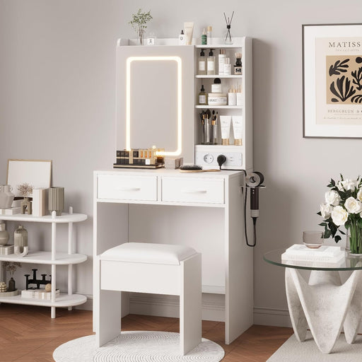 White Makeup Vanity Desk with Mirror and Lights, Vanity Table Set with Charging Station, Dressing Table with Stool, 2 Drawers, Open Shelves, Power Outlets & USB Ports, Vanity Desk with RGB Cabinets