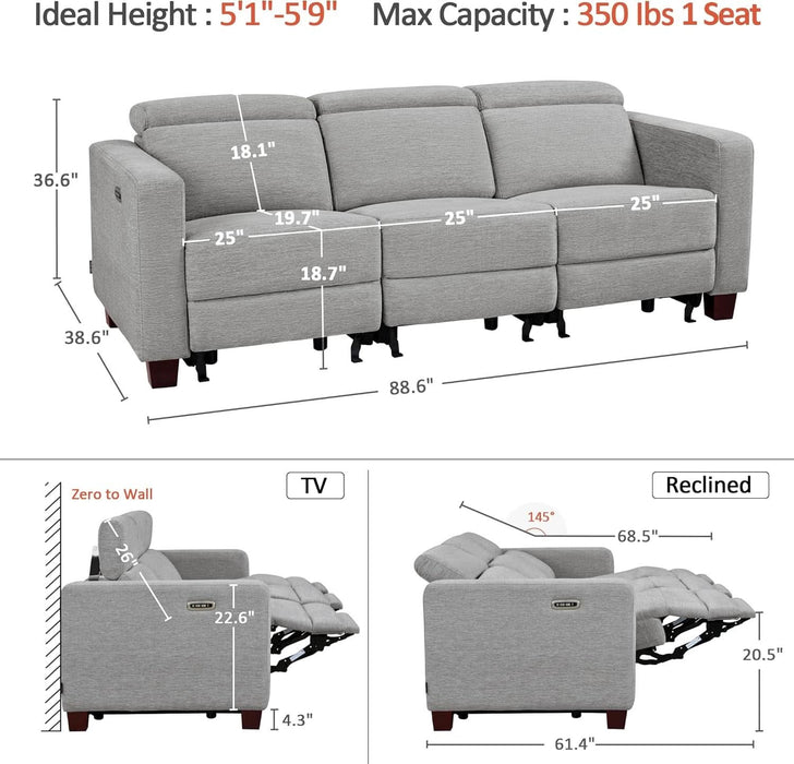 88.6'' Reclining Sofa, Wall Hugger Power Recliner Sofa with Adjustable Headrest, USB a & C Charge Ports, Wood Legs, for Living Room (Fabric, HL198M3) (Grey, 3-Seater)