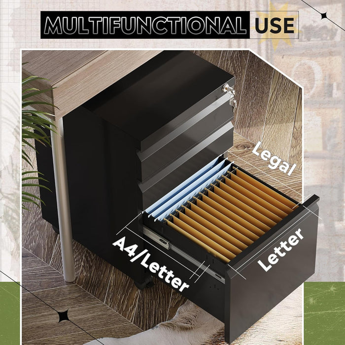 3 Drawer File Cabinet with Lock, Fully Assembled except Casters