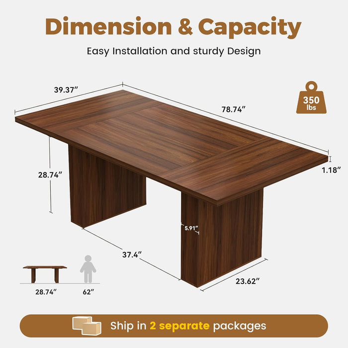 78 Inch Rectangular Dining Table for 6-8 People, Large Modern Farmhouse Kitchen Table with Grooved Wood-Strip Base, Perfect for Dining Room or Family Gathering, Walnut