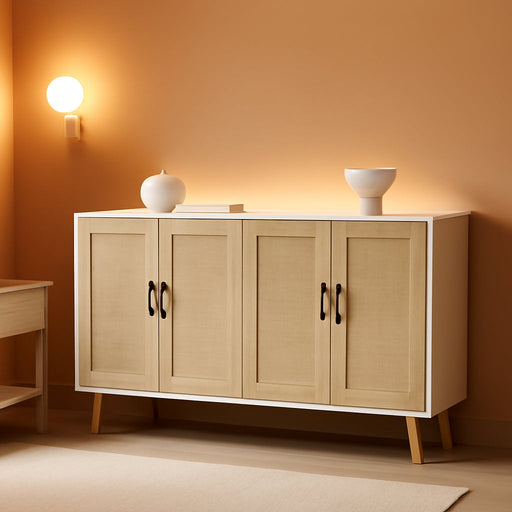 Buffet Storage Cabinet with Rattan Decorating 4 Doors Living Room Kitchen Sideboard 48.43 X 34.65 X 15 Inch (White)