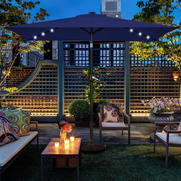 6.5X10Ft Rectangular Patio Umbrella Solar Powered Outdoor Table Market Umbrella with LED Lights & Push Button Tilt & Easy Crank for Garden/Lawn/Beach/Pool/Deck Navy Blue