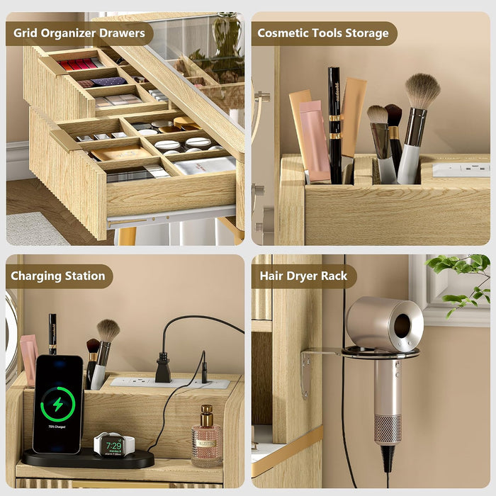 47" Vanity Desk with 5X Magnifying Mirror & 3-Color LED Light, Fluted Glass Top Makeup Table, USB Charging & Hair Dryer Holder, Dressing Table with Adjustable Shelves for Bedroom, Natural Oak