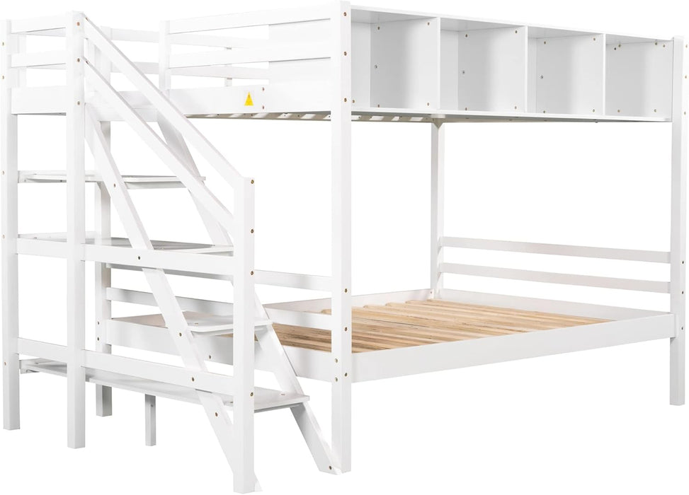 Twin Size Bed Frame for Bedroom Twin over Full Bunk Bed with Staircase and Built-In Storage Cabinets No Box Spring Needed White 96" L X 57.2" W X 62.2" H