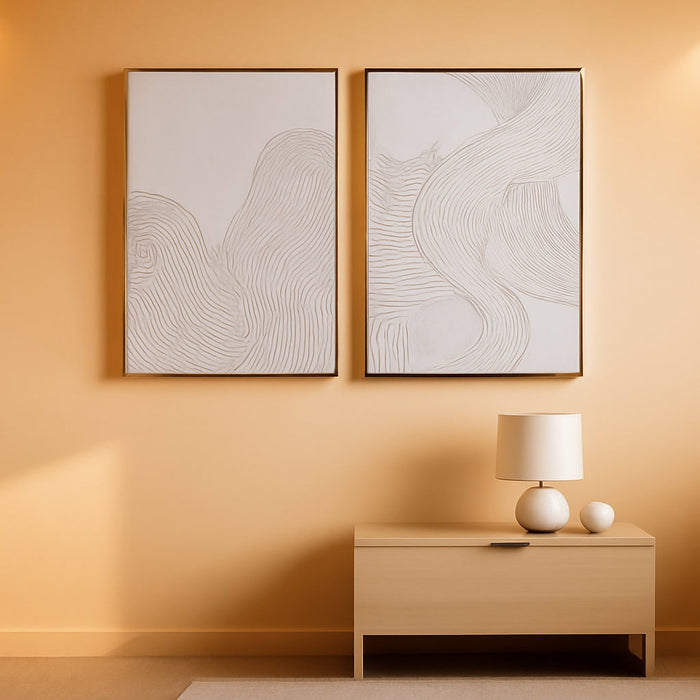 Framed Neutral Abstract Wall-Art Painting - Large Abstract Canvas Wall Decor 3D Curve Illustrations Hand Painting for Living Room, Bedroom, Office - 2 Piece 28 X 40 Inch, Ready to Hang