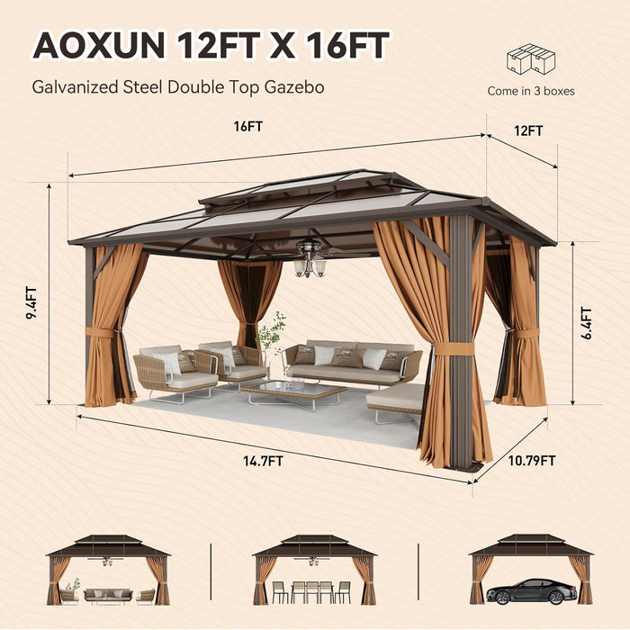 12'X16' Hardtop Gazebo, Outdoor Metal Gazebo with Double Polycarbonate Roof Canopy, Permanent Pavilion with Netting and Curtains for Lawn, Garden, Patio (Brown)