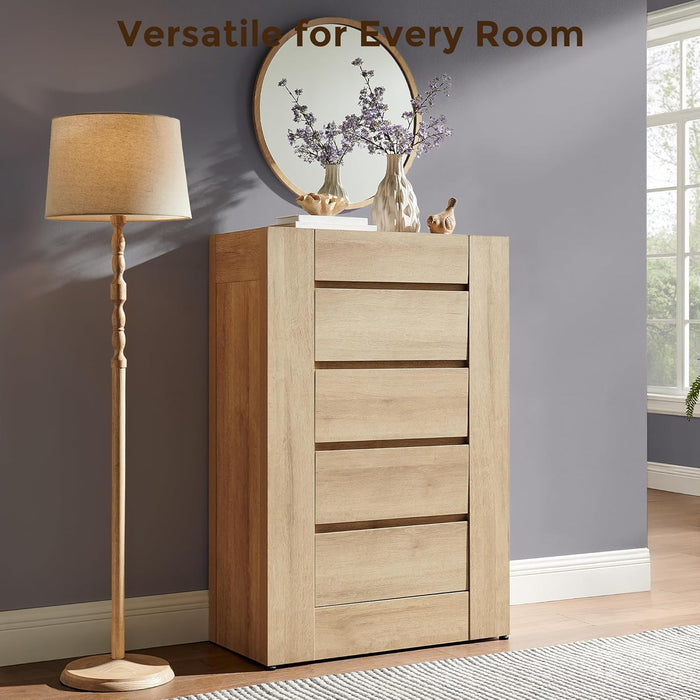 5 Drawer Dresser for Bedroom, 48" Tall Dresser Chest of Drawers with Thick Wood Design, Handleless, Modern Bedroom Dresser, Storage Organizer for Living Room/Entryway, Natural Oak