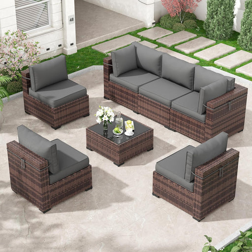 7 Pieces Patio Furniture Set, Outdoor Furniture Sectional Rattan Sofa Sets, Patio Couch with Glass Coffee Table for Backyard Garden (Grey)