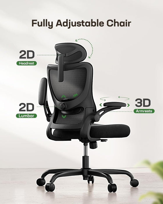 Ergonomic Office Chair: Office Computer Desk Chair with High Back Mesh and Adjustable Lumbar Support Rolling Work Swivel Task Chairs with Wheel 3D Armrests and Headrest