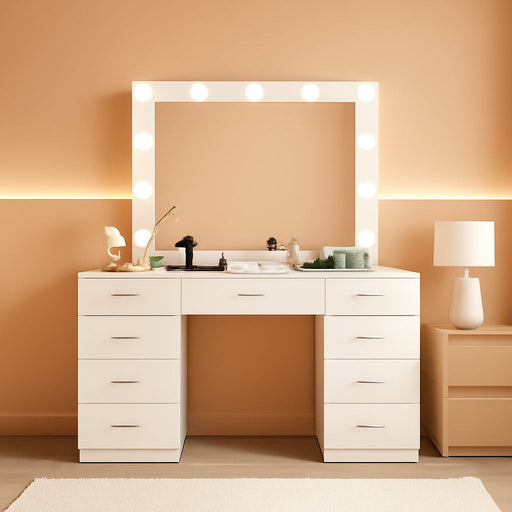 46" Vanity Desk with Glass Top & Lights Mirror, 3 Adjustable Lighting Color, Makeup Vanity with 9 Drawers and 12 LED Lights, Dressing Table for Bedroom, Vanity for Girls, White