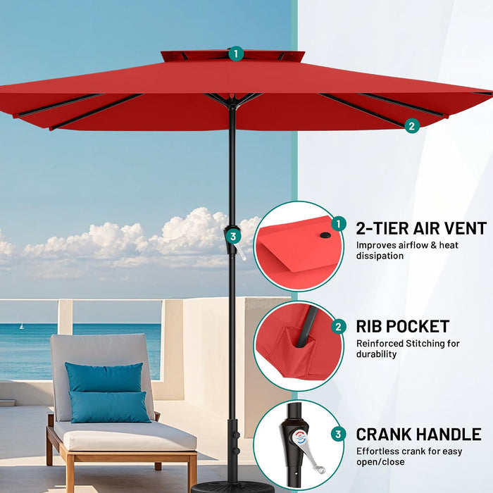 8'X10' 2 Tiers Rectangular Patio Umbrella - Outdoor Umbrella Waterproof UV Protection, Market Table Umbrella W/Crank for Pool, Backyard, Deck(Red)