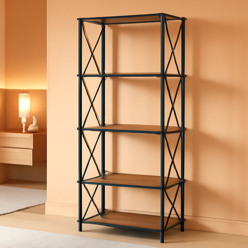 Corner Bookshelf, 5-Tier L-Shaped Bookcase, Industrial Open Display Shelf Tall Storage Organizer, Vertical Storage Rack, for Living Room, Home Office, Rustic Brown and Black BF60SJ01