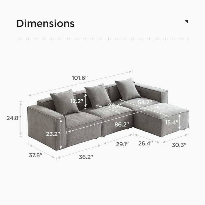 Luxury Modular Sectional Living Room Sofa Set, Modern Minimalist Style Couch with Ottoman and Chaise, L-Shape, Grey