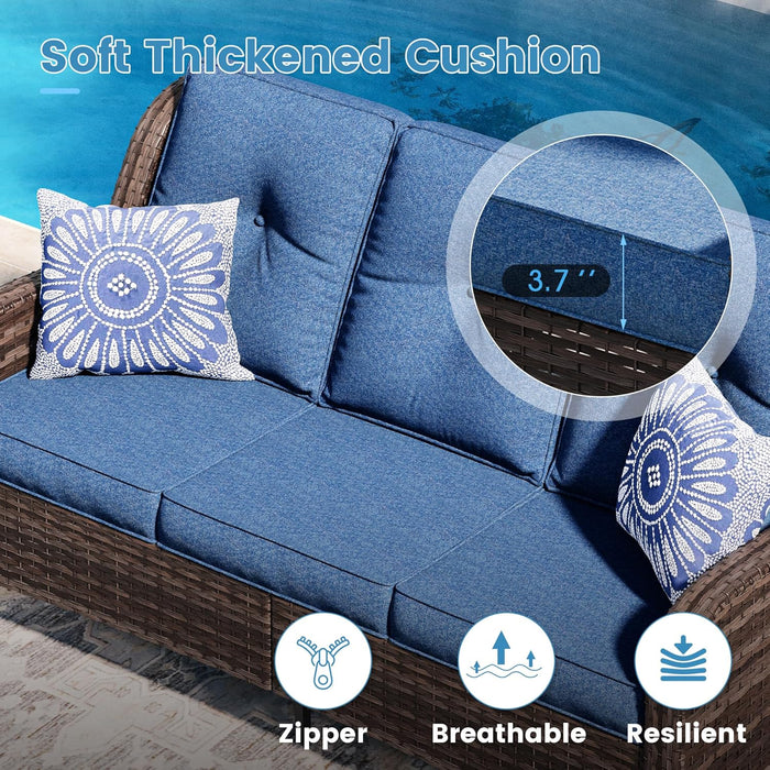 4 Pieces Outdoor Patio Furniture Set with Fire Pit Table, Wicker Chairs Set with Washable Cushions and Patio Couch Sofa, PE Rattan Conversation Set for Garden Porch Balcony, Blue