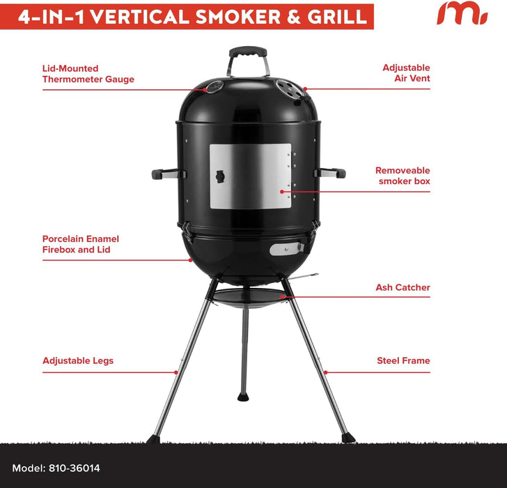 Vertical 18 Inch Charcoal BBQ Smoker, 4-In-1 Portable Outdoor Grill with Adjustable Air Vent, 600 SQ. in Cooking Area, Built-In Temperature Gauge, BBQ Grill for Camping, Picnics - 810-36014