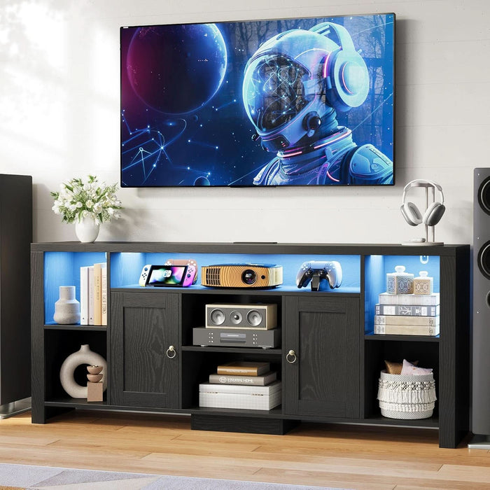 TV Stand for Tvs 80 Inch with LED Lights & Power Outlet, Entertainment Center with Cabinets, Adjustable Shelves and Open Shelves, Modern Media TV Console Living Room, Black