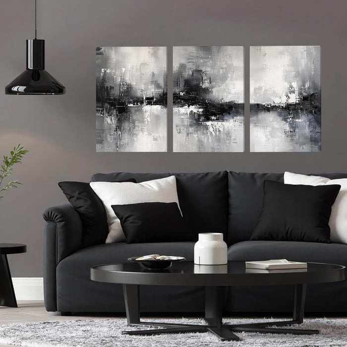 Triptych Abstract Black White Gray Wrapped Canvas Wall Art 16X24 in | Gallery Wrapped Canvas, UV Fade-Resistant Ink, Modern Minimalist, Ready to Hang, Living Room Office Decor, Housewarming Gift