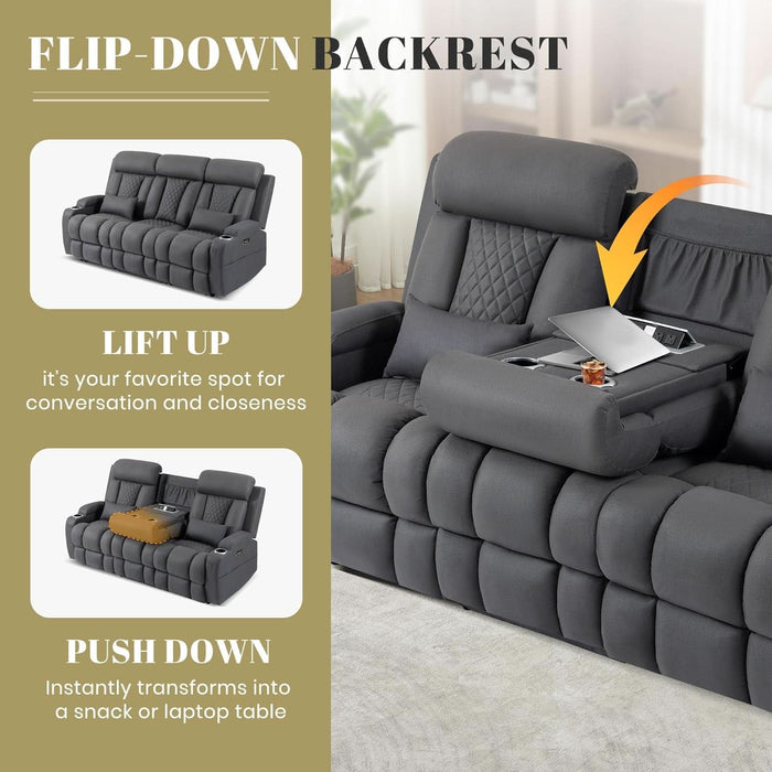 Wall Hugger Power Reclining Sofa with Manual Adjustable Headrest, 80" 3-Seater Couch with Flip-Down Table, Integrated Charging, USB & Type-C Ports, Cup Holders for Living Room, Home Theater, RV (Gray)