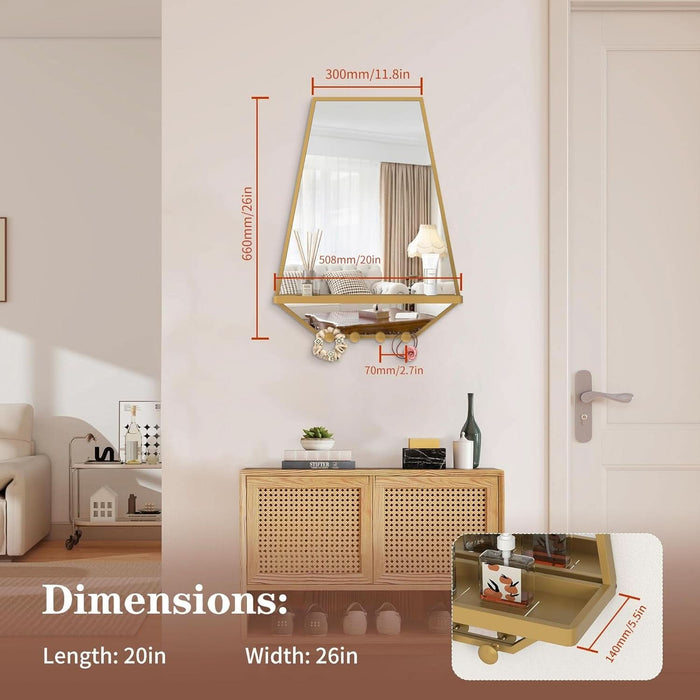 26X20 Inch Bathroom Mirror with Shelf, Irregular Hexagonal Metal Wall Mirrors with Hooks, Bathroom Vanity Mirror Farmhouse, Wall Mounted Mirror Decor for Living Room Bedroom Entryway (Gold)