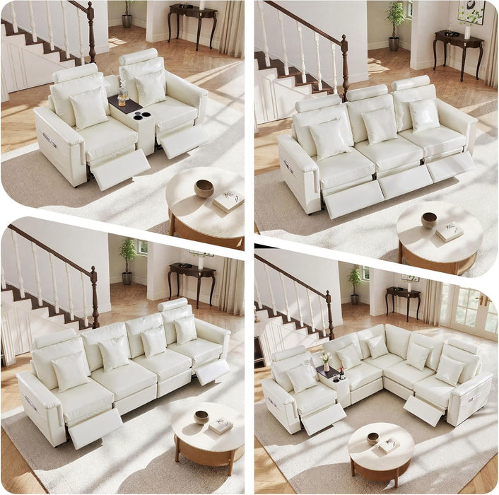 Oversized Modular Sectional Sofa with 2 Power Reclining, Electric Recliner Couch with Storage Console and Adjustable Headrest, Faux Leather 5 Seat Corner Sofa for Living Room-Cream White