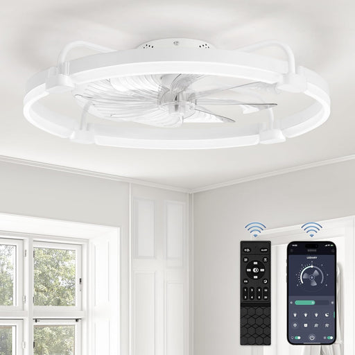 Ceiling Fans with Lights and Remote, 24'' Low Profile Ceiling Fan with Light, 3000-6000K Dimmable Fandelier LED Fan Light, 6 Wind Speeds, White Modern Flush Mount Ceiling Fan for Bedroom