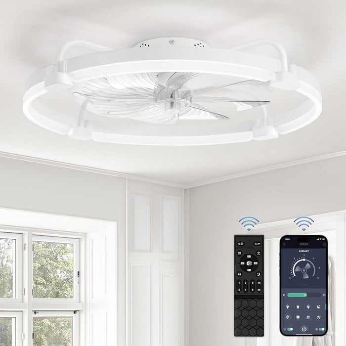 Ceiling Fans with Lights and Remote, 24'' Low Profile Ceiling Fan with Light, 3000-6000K Dimmable Fandelier LED Fan Light, 6 Wind Speeds, White Modern Flush Mount Ceiling Fan for Bedroom