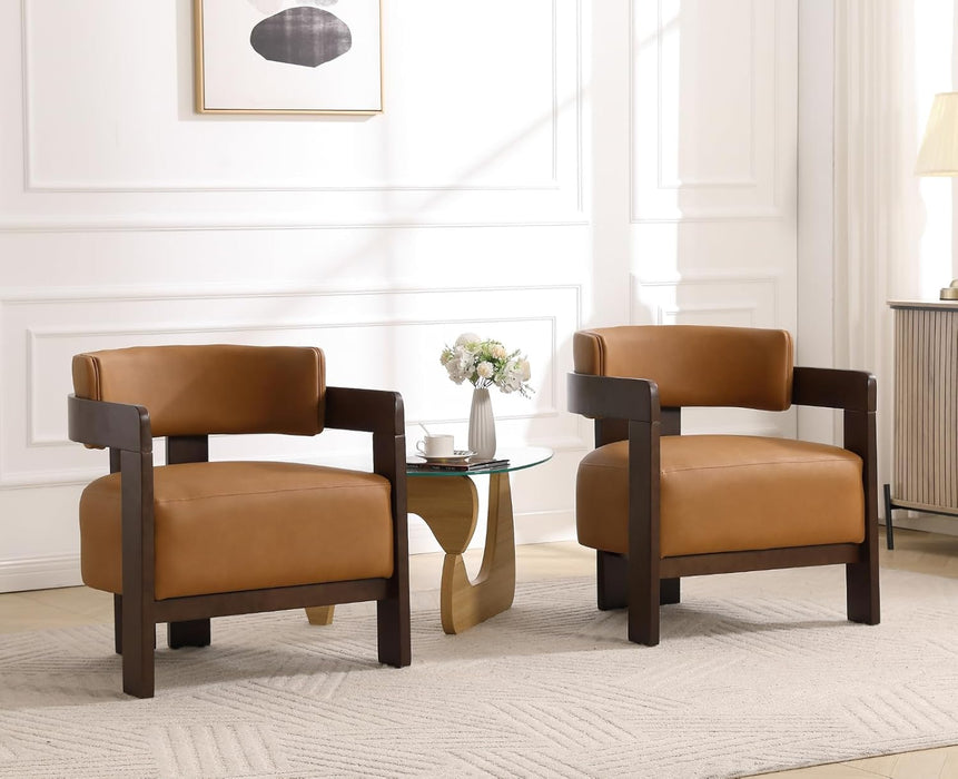 Barrel Accent Chair Modern Comfy Living Room Chair with Wooden Legs Mid Century Leather Upholstered Lounge Reading Armchair for Bedroom/Indoor Reading Nook/Corner/Office, Brown