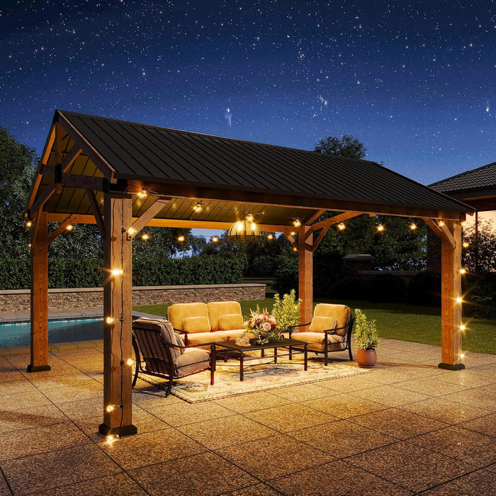 12' X 16' Outdoor Wood Gazebo, Permanent Cedar Wooden Pavilion with Galvanized Steel Hardtop Gable Roof, Heavy Duty Patio Gazebo for Garden, Backyard, Deck, Lawn and Outdoor Living Space