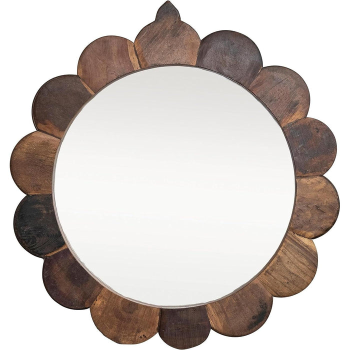 35-Inch Round Scalloped Natural Wall Mirror with Vintage Reclaimed Wood Frame