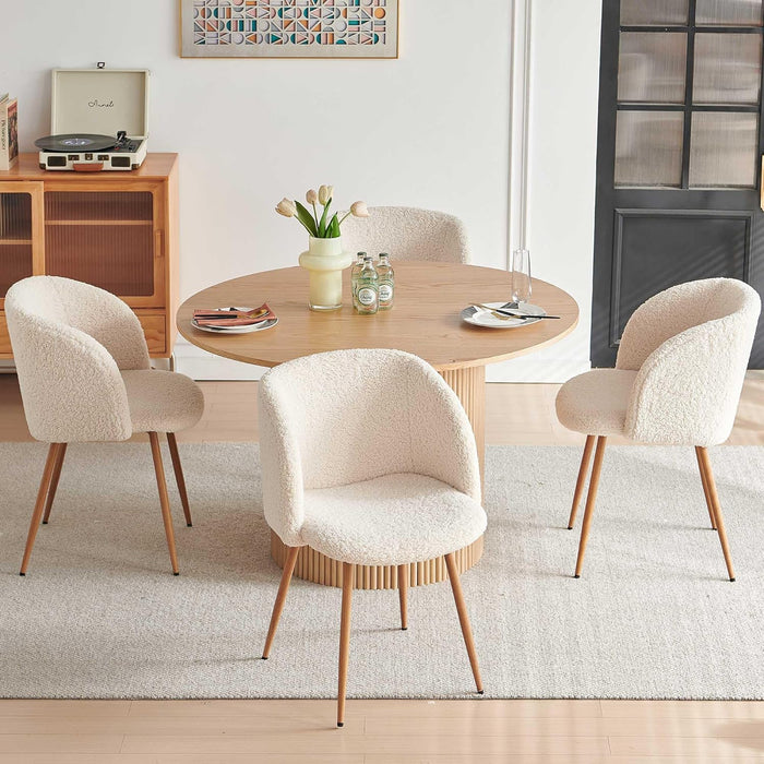 5-Piece Wooden round Dining Room Table and Chair Set, 47-Inch Kitchen Table with Barrel Chairs for 4, off White Upholstered Sherpa Dining Set, MDF Core with Oak Finish