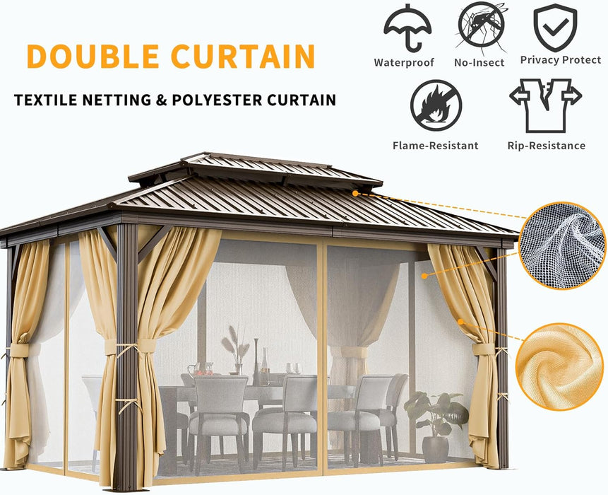 10X12 Hardtop Gazebo on Clearance with Heavy Duty Galvanized Steel,Outdoor Patio Gazebo with Aluminum Frame & Curtains and Netting, Permanent Pavillon for Backyard, Brown (2026 Upgraded)