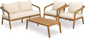 Kai 4 Piece Patio Furniture Set with Slatted Coffee Table, Outdoor Sofa Set with PE Wicker Backrest & Cushions, Acacia Wood Conversation Set for Backyard,Cream+Light Brown+Teak