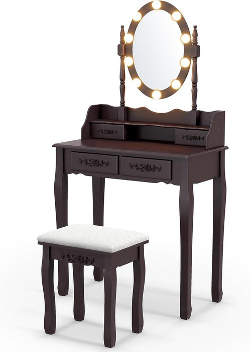 Girls Vanity Table with Lighted Mirror and Stool, 10 Dimmable LED Lights, 3 Color Lighting Modes, 4 Drawers, Rose-Shaped Handle, Bedroom Dressing Makeup Vanity Desk Set (Espresso)