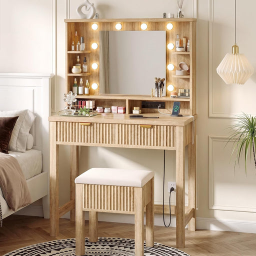 Vanity Desk with Mirror and Lights, Storage Stool Included, Oak | 3 Adjustable Lighting Modes, Charging Station for Vanity