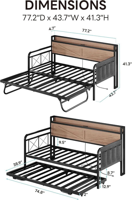 Twin Daybed with Trundle Bed, Storage Headboard with Charging Station, Sofa Day Bed with Strong Supports for Living Room, Bedroom, and Guest Room, Wood Color